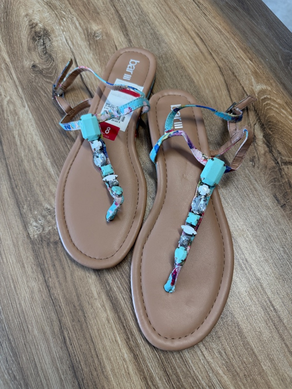 Bar III Turquoise-Accent T-Strap Sandals - Tan